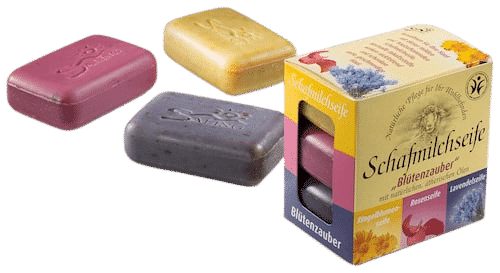 Schafmilchseife „Blütenzauber“ – 3er Set: Ringelblume, Rose, Lavendel – Saling je 100 g – Bild 2